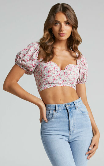 Solania Puff Sleeve Bust Cup Crop Top in White Floral