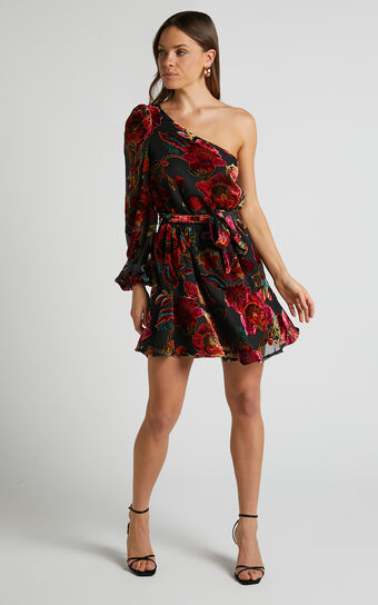 Natachia Mini Dress - One Shoulder Burnout Dress in Black Floral