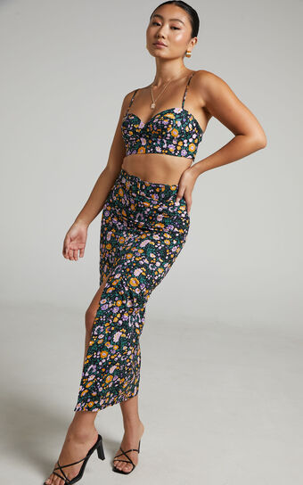 Freyda Crop Top and Midi Skirt Two Piece Set in Black Floral
