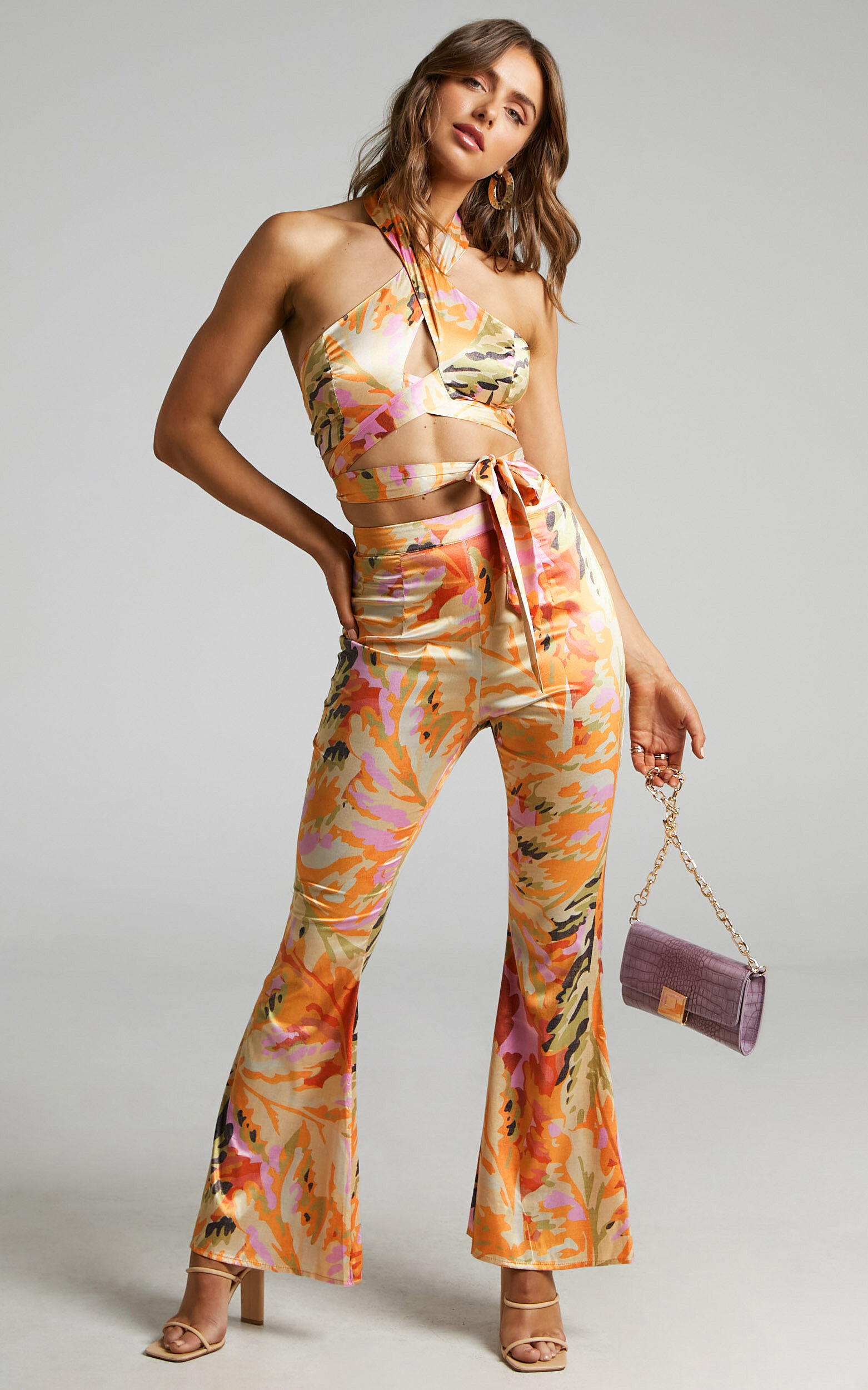 Romaine Halter Neck Two Piece Pant Set in abstract palm - 06, PNK1, super-hi-res image number null