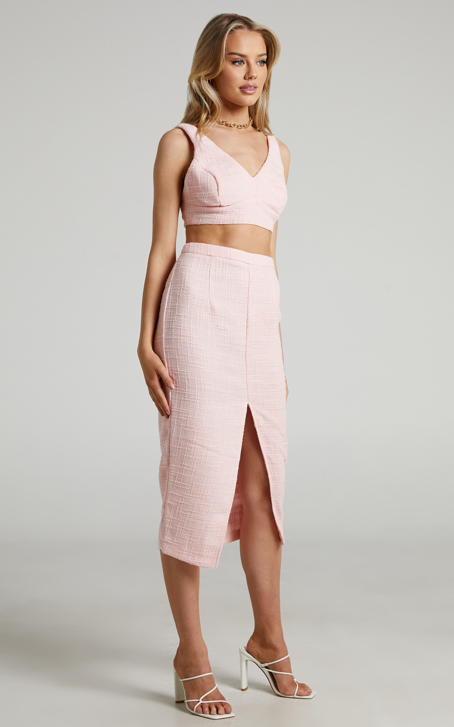 Jhessa Tweed Crop Top and Split Front Midi Skirt Two Piece Set in Pale Pink - 04, PNK1, super-hi-res image number null