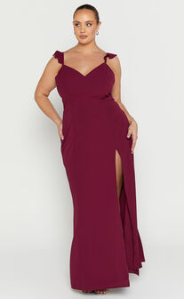 More Than This Midaxi Dress - Ruffle Strap Thigh Split Dress in Wine