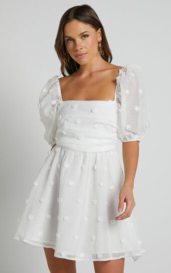 Ambera Mini Dress - Short Puff Sleeve Ruched Bodice A Line in White