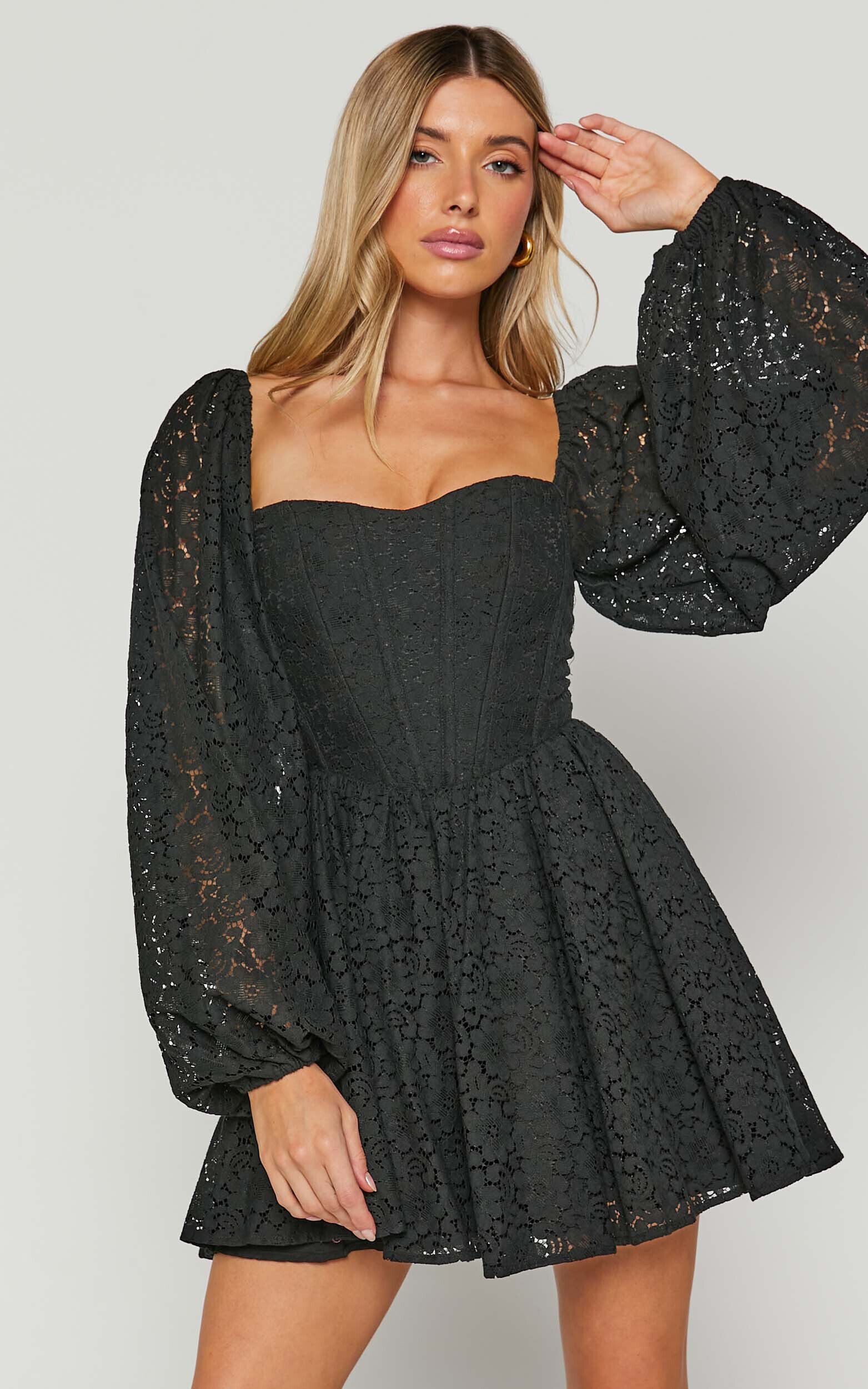 Helena Mini Dress - Long Sleeve Fit and Flare Lace Dress in Black ...