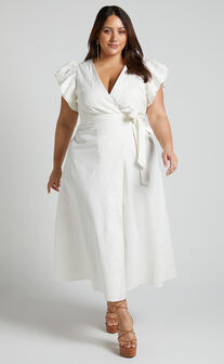 Amalie The Label - Palmer Linen Look Frill Sleeve Wrap Dress in White