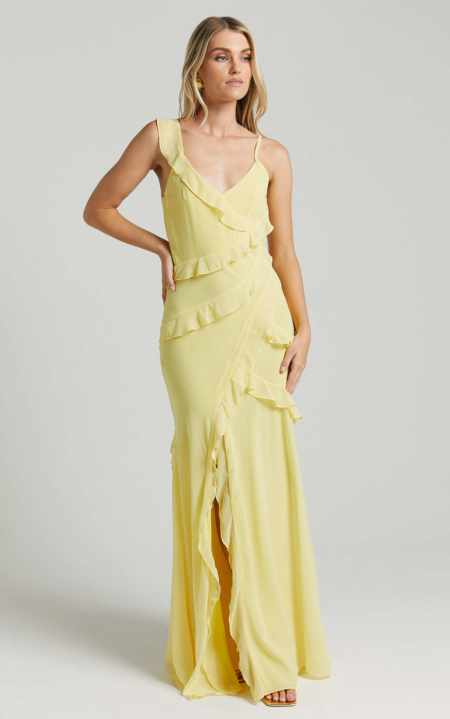 Nitha Maxi Dress - Asymmetrical Frill Thigh Split Dress in Lemon - 06, YEL1