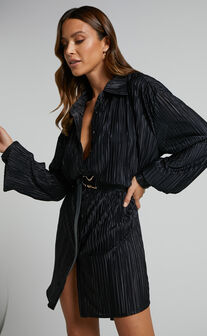 Beca Mini Dress - Crinkle Button Up Shirt Dress in Black