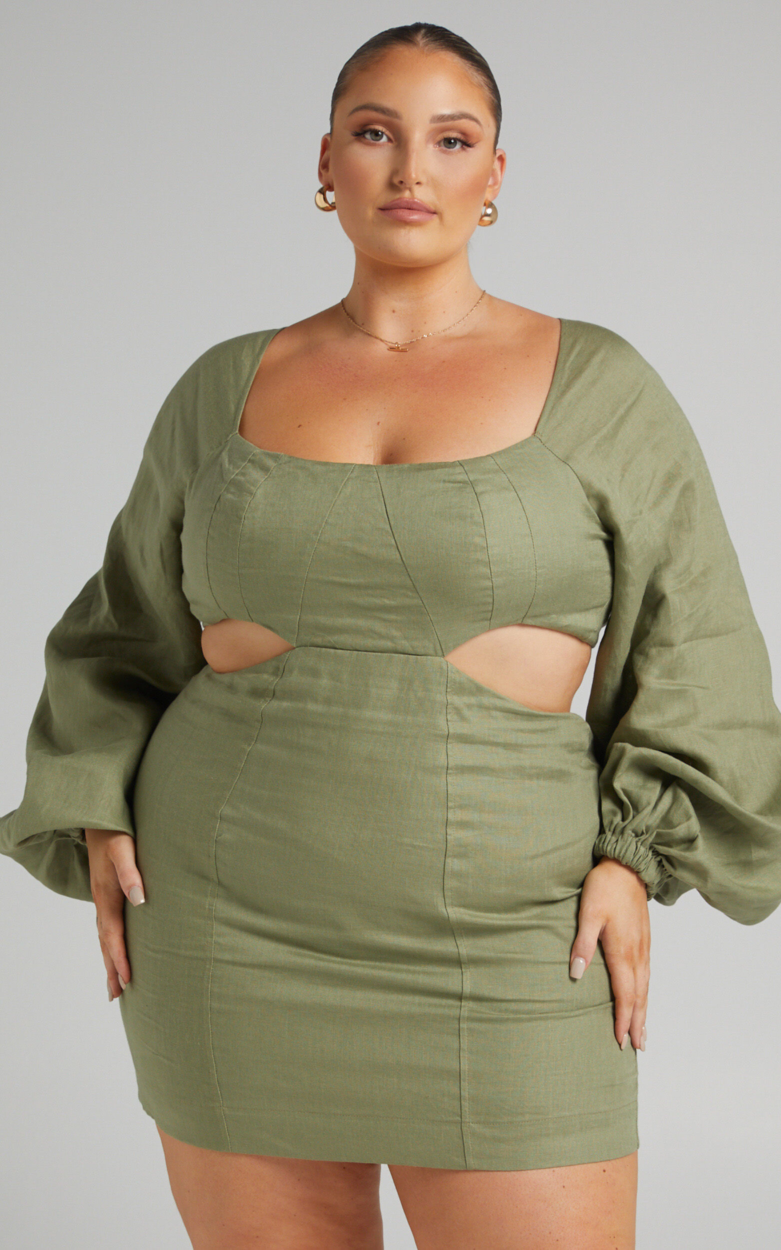 Amalie The Label - Aileen Linen Balloon Sleeve Cut Out Mini Dress in Sage - 06, GRN1, super-hi-res image number null