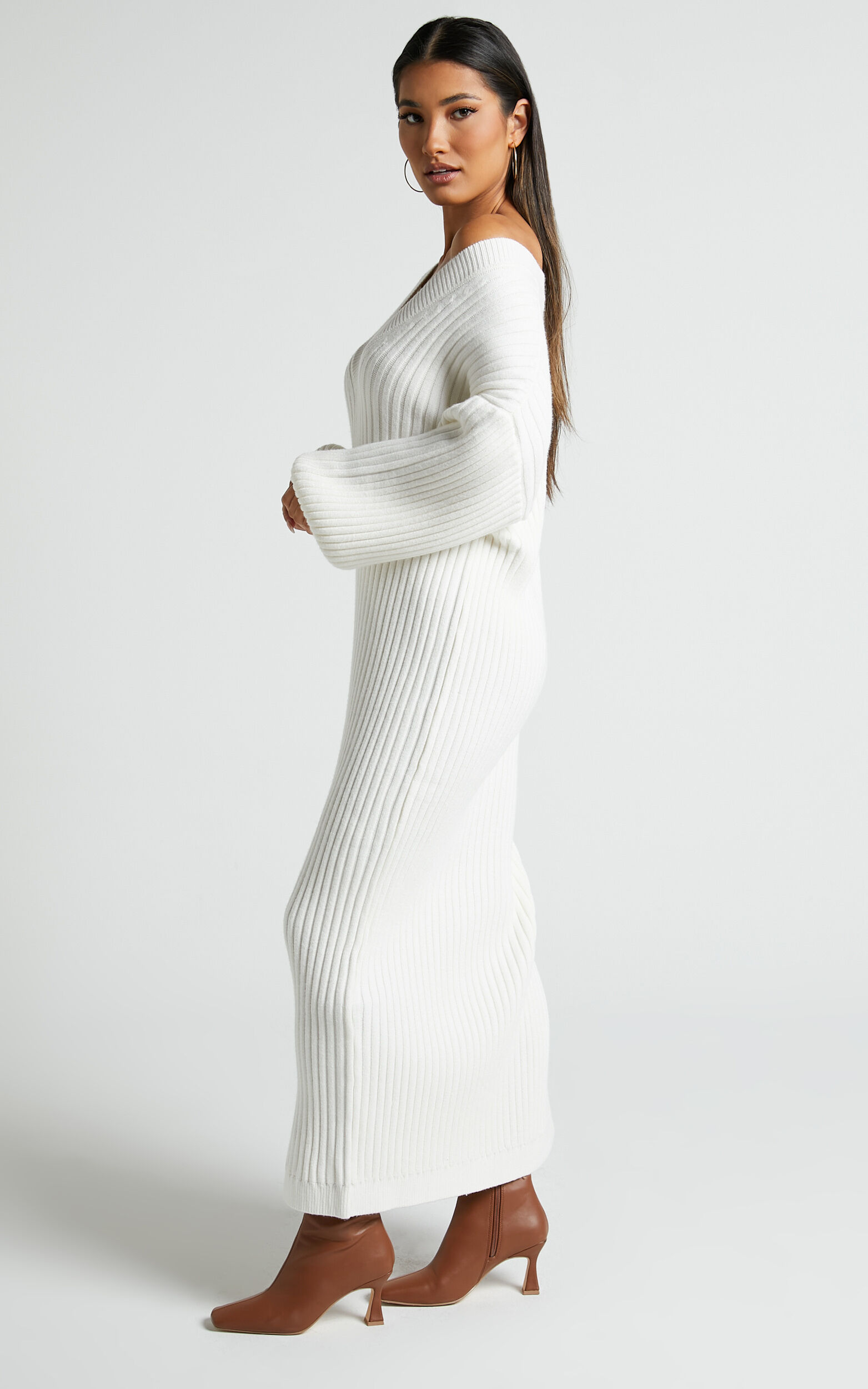 Kartia Midi Dress - V Neck Knit Dress in Off White | Showpo USA