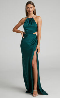 Azrael Maxi Dress - Thigh Split High Neck Tie Back Satin Dress in Emerald