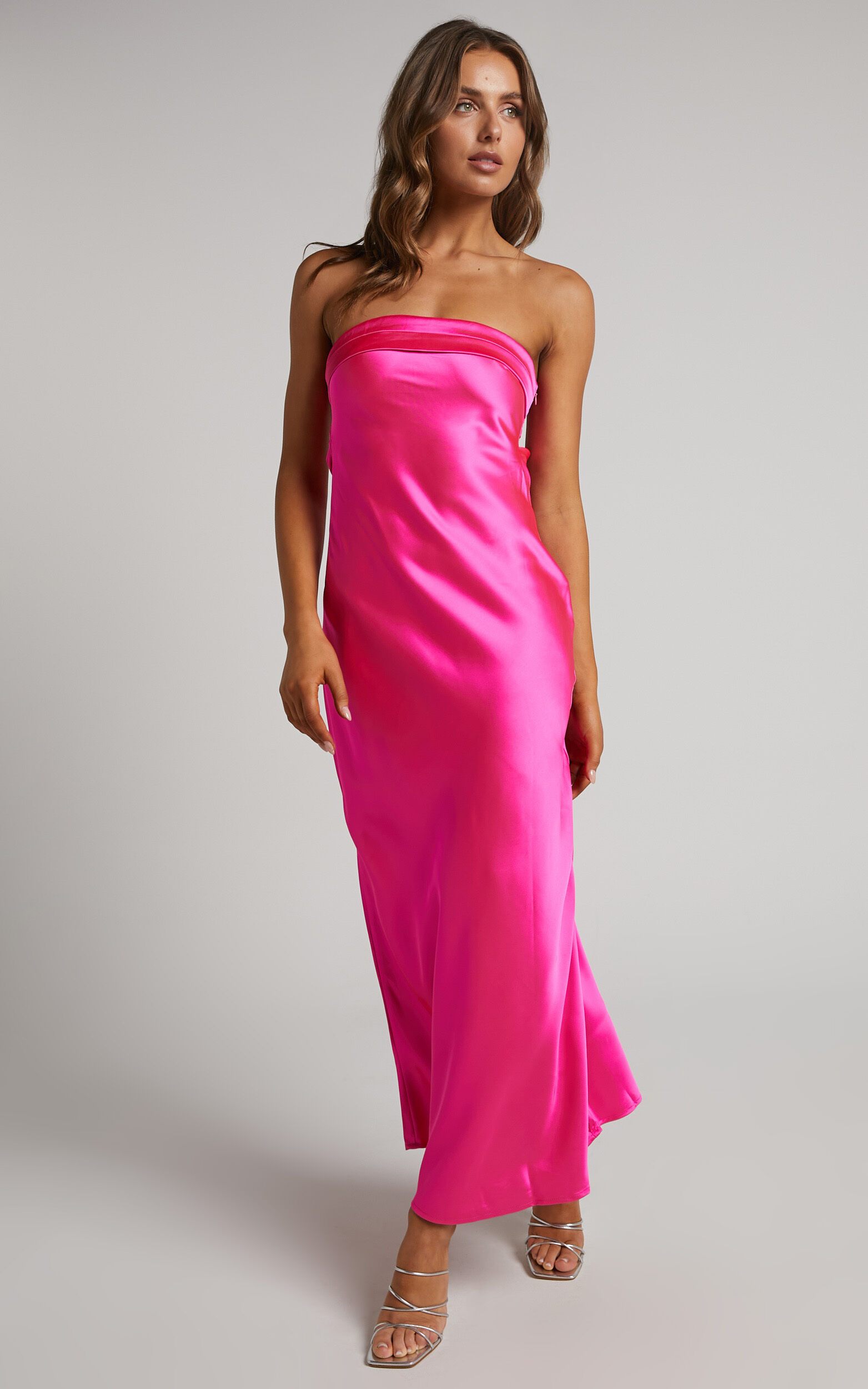Tracey Maxi Dress - Strapless Back Drape Satin Dress in Pink | Showpo USA