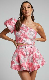 Brailey Two Piece Set - One Shoulder Puff Sleeve Top and Shorts in Light Pink Jacquard