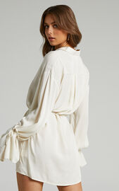Wynter Mini Dress - Waist Tie Shirt Dress in Off White | Showpo USA