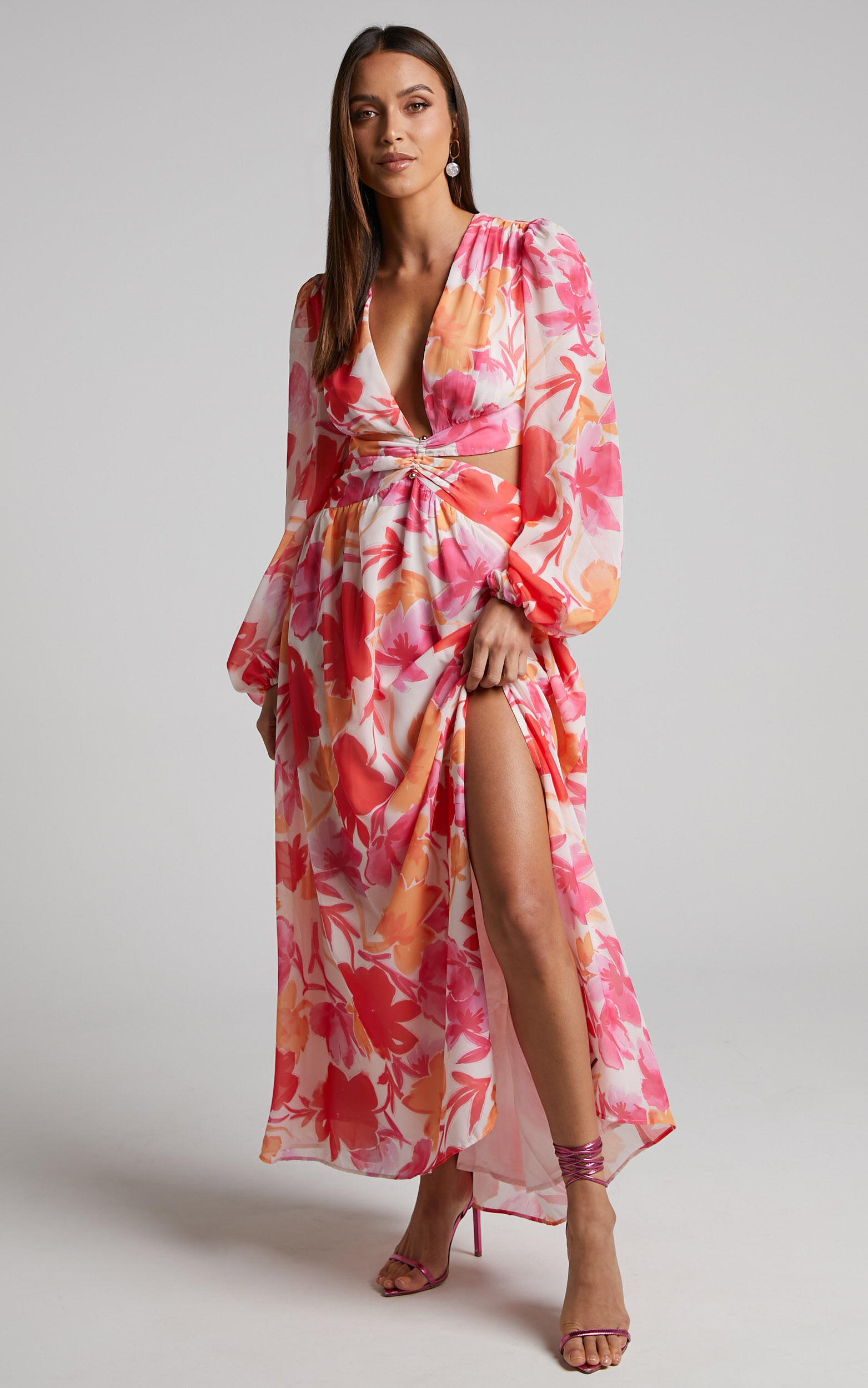Emilee Midaxi Dress -  Side Cut Out Long Sleeve Plunge Dress in Pink Floral - 06, PNK1