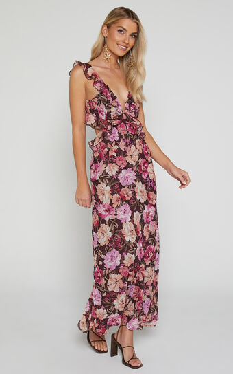 Alessa Midaxi Dress - V Neck Frill Detail Empire Waist Back Cut Out Dress in Wine Floral