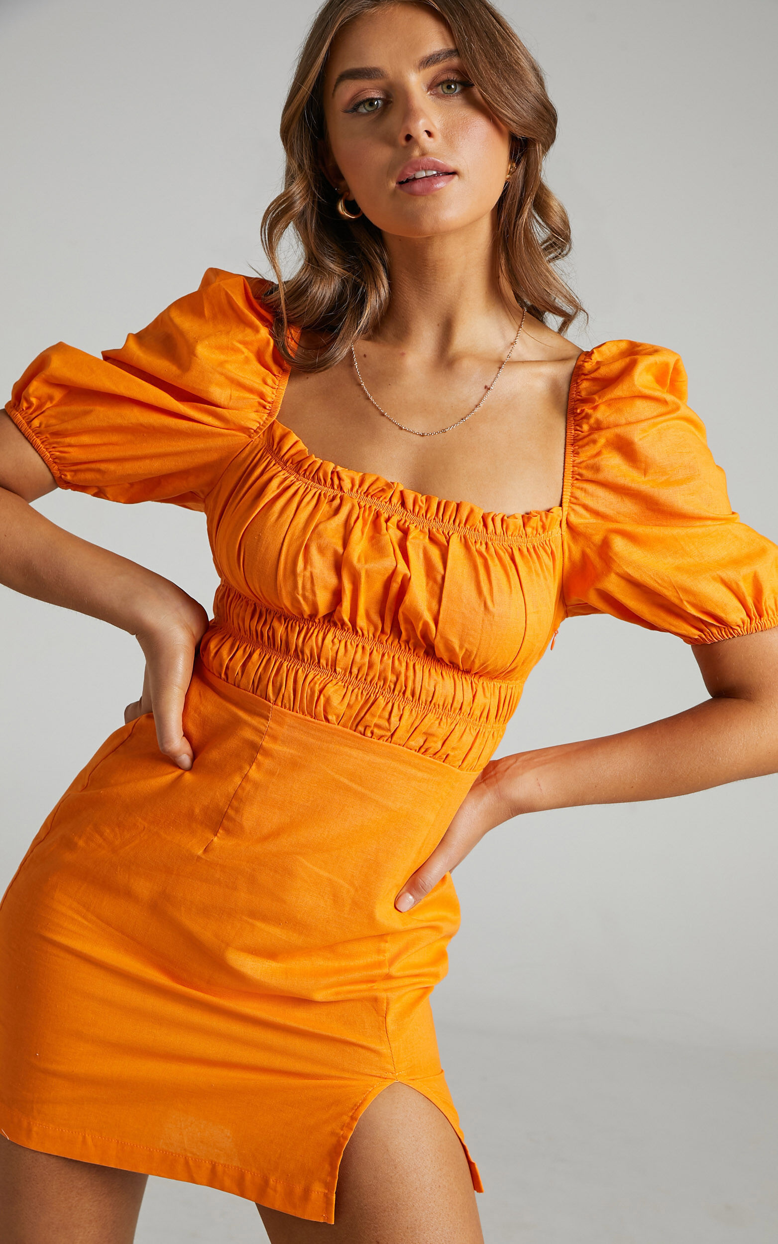Everleigh Gather Bodice Mini Dress in Orange - 06, ORG2, super-hi-res image number null