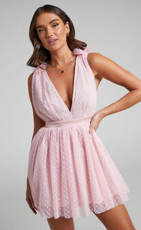 Mariabella Mini Dress - Tulle Plunge Dress in Pink