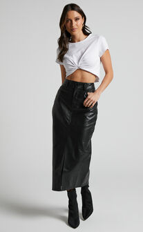 Jules Midi Skirt - Faux Leather High Waisted Front Split Midi Skirt in Black