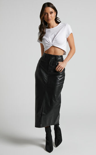 Jules Midi Skirt - Faux Leather High Waisted Front Split Midi Skirt in Black