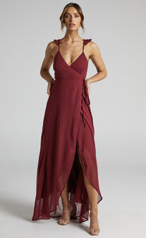 Maibelle Frill Shoulder Wrap Dress Maxi Dress in Wine