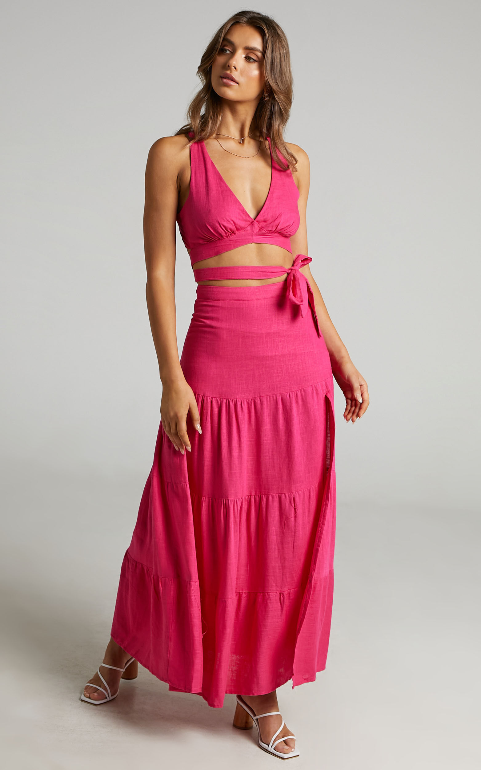 Delima Two Piece Set - Linen Look Cross Back Top and Thigh Split Midi Skirt in Hot Pink - 04, PNK1