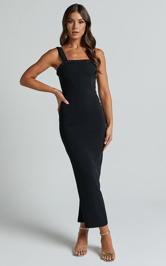 Zarah Midi Dress - Embellished Strap Detail Dress in Black