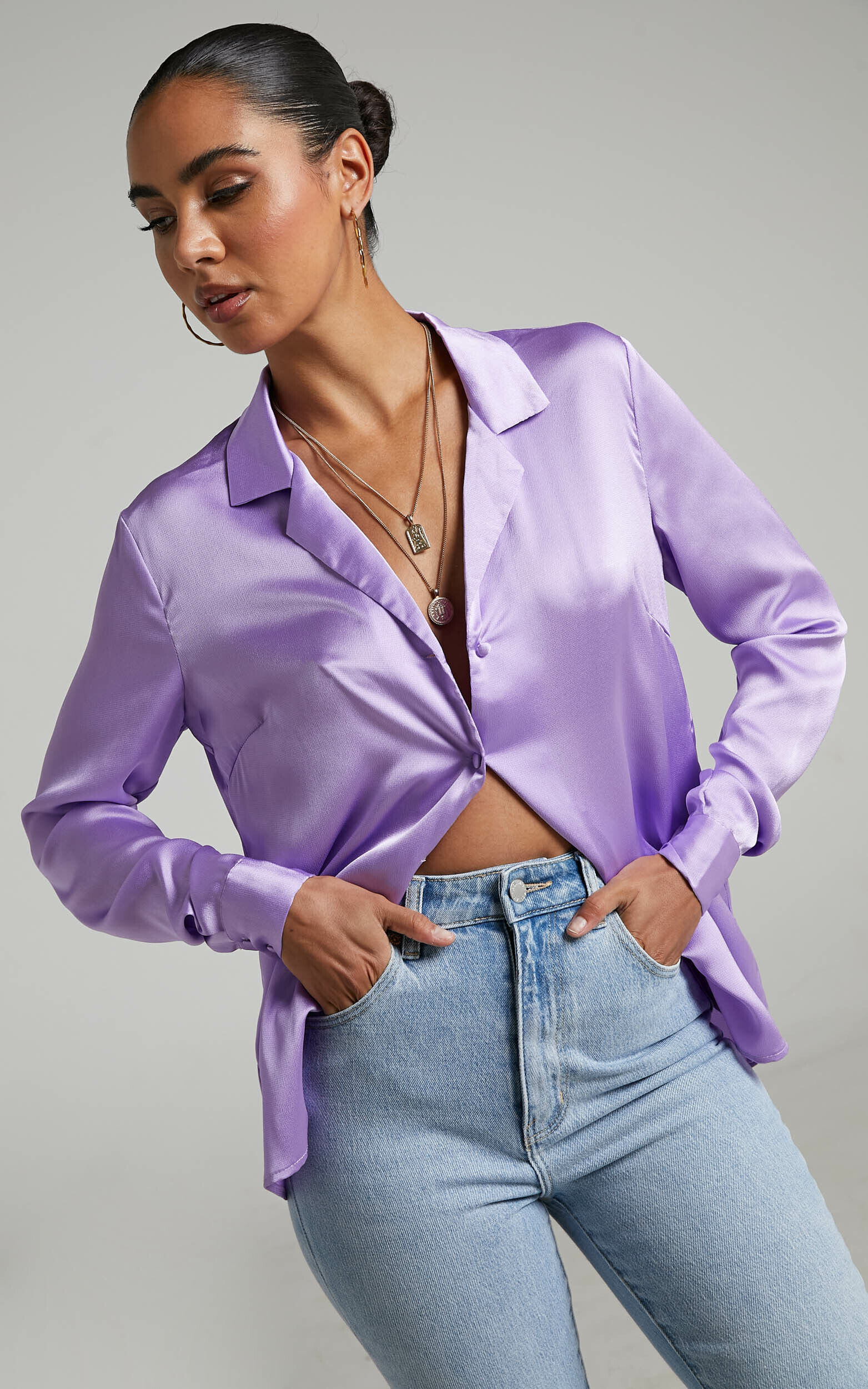 Tinna Longsleeve Satin Collared Button Up Shirt in Lilac | Showpo USA