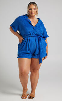 Akaithy Terry Towelling Collared Playsuit in Blue