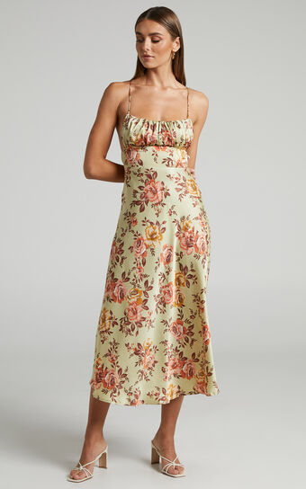 Noah Gathered Bustier Midi Dress in Green & Peach Floral