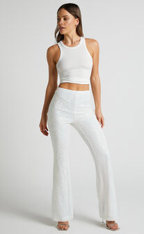 Deliza Mid Waisted Sequin Flare Pants in Iridescent White