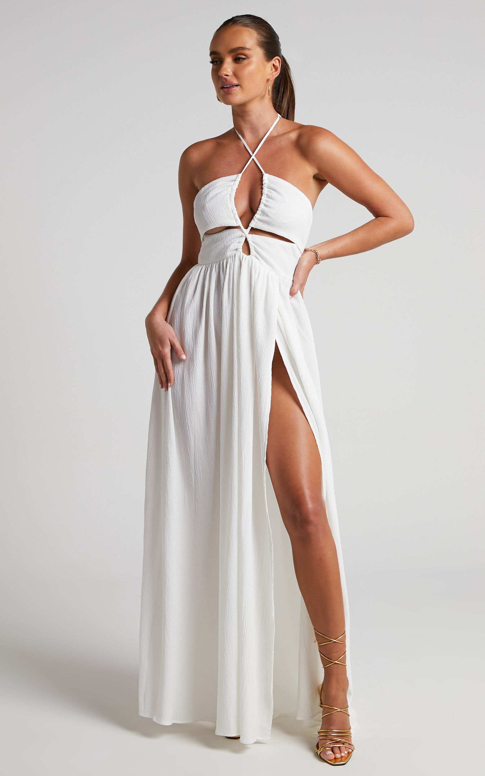 Isabeau Maxi Dress - High Slit Strappy Halter Dress in White - 06, WHT1