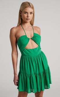 Lancey Mini Dress - Strappy Halter Tiered Dress in Green