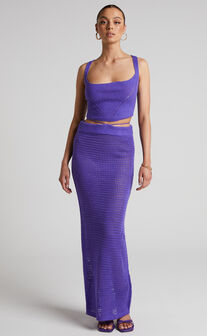 Aveda Two Piece Set - Crochet Lace Up Back Crop Top and Maxi Skirt in Purple