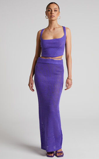 Aveda Two Piece Set - Crochet Lace Up Back Crop Top and Maxi Skirt in Purple