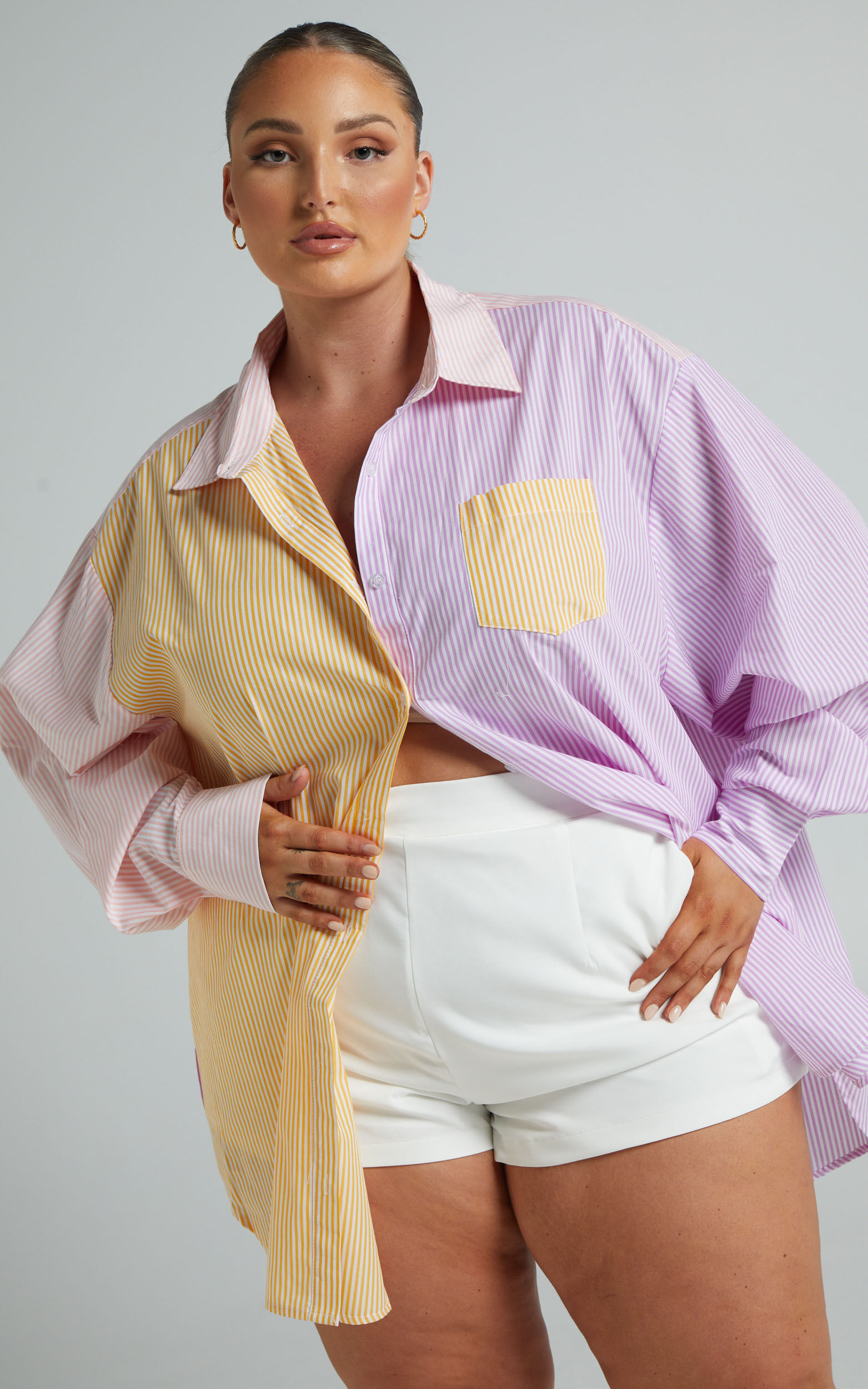 Autumn Contrast Stripe Oversized Shirt in LEMON AND LILAC - 04, PRP3, super-hi-res image number null