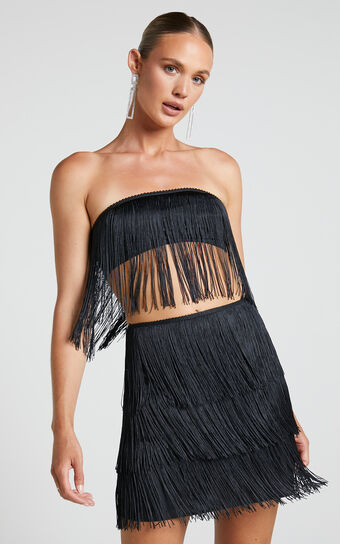 Siofra Two Piece Set - Fringe Crop Top and Mini Skirt in Black