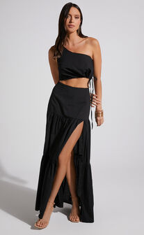 Meghan One Shoulder Two Piece Set with Maxi Skirt in Black