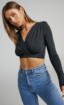Marxzel Long Sleeve Ruched Jersey Crop Top in Black