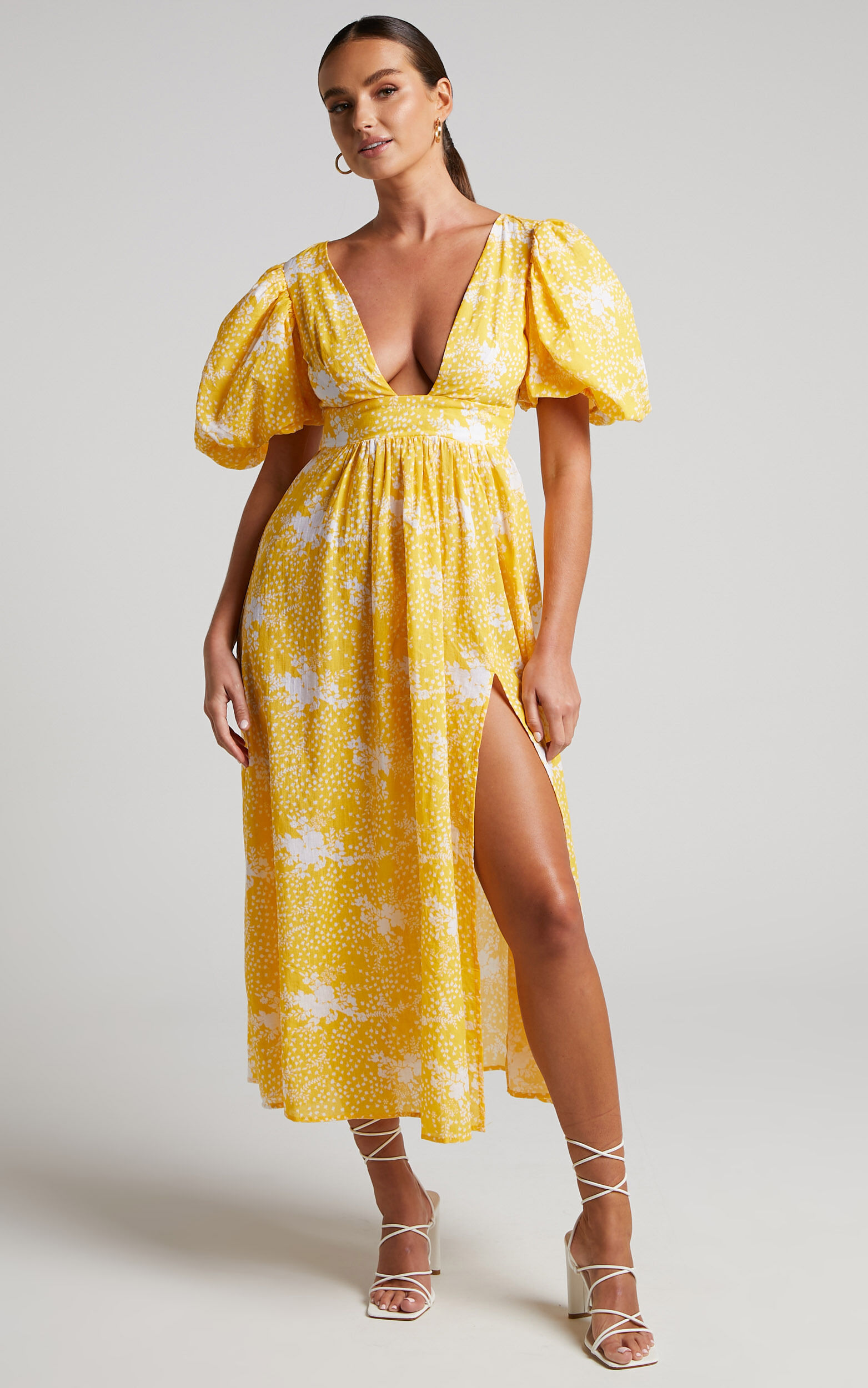 Ailiza Midi Dress - Puff Sleeve Open Back Dress in Yellow Floral - 06, YEL1, super-hi-res image number null