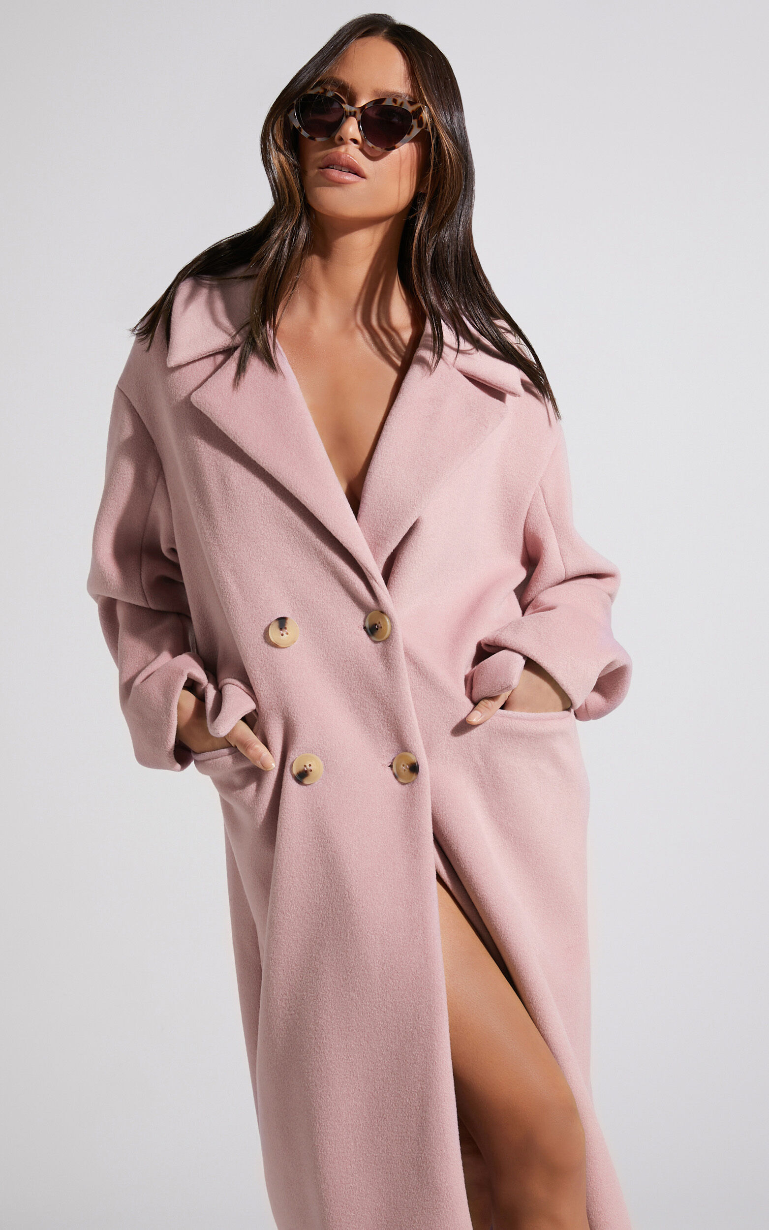 Libee Double Breasted Longline Coat in Dusty Pink - 06, PNK1, super-hi-res image number null