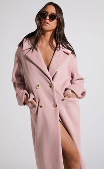 Libee Double Breasted Longline Coat in Dusty Pink