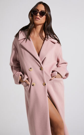 Libee Double Breasted Longline Coat in Dusty Pink