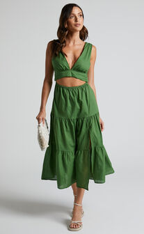 Spencer V Neck Cut Out Tiered Midi Dress in Green