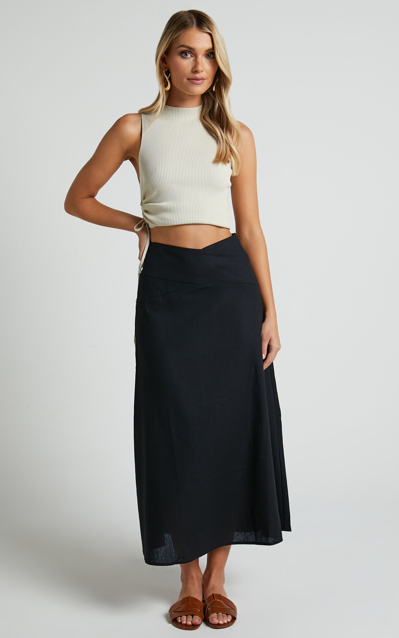 Sundry Midaxi Skirt - High Waisted Cross Front Detail Skirt in Black - 06, BLK1