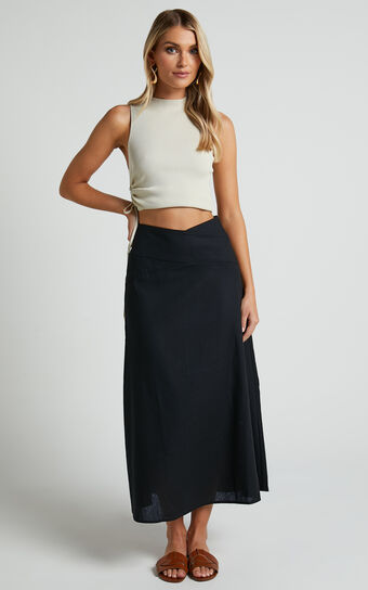 Sundry Midaxi Skirt - High Waisted Cross Front Detail Skirt in Black