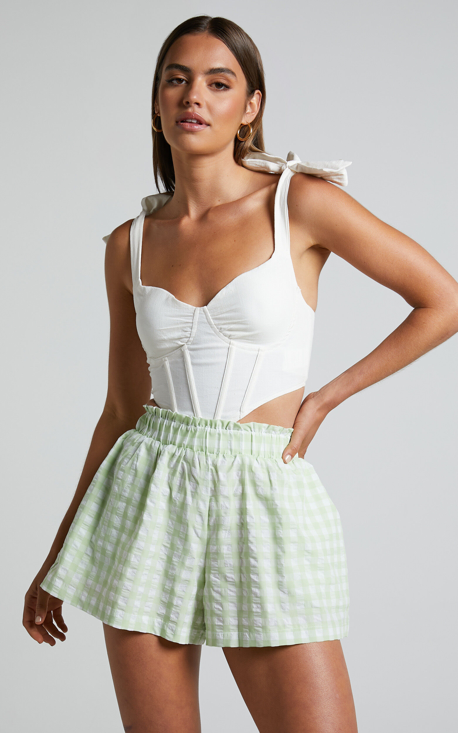 Madelyn Shorts - Pull On High Waist Shorts in Mint Gingham - 04, GRN1, super-hi-res image number null