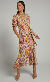 Lisse Midi Dress - Frill Detail V Neck Wrap Dress in Pink Floral