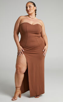 Oriella Panelled Thigh Split Strapless Maxi Dress in Chocolate