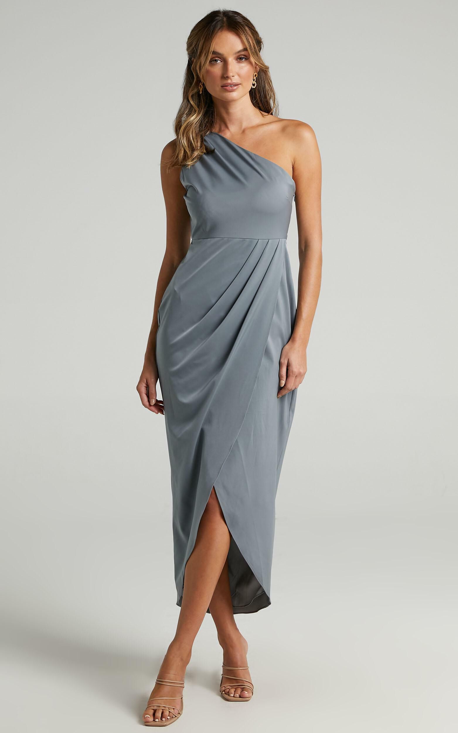 Felt So Happy Midi Dress - One Shoulder Drape Dress in Grey - 20, BLU3