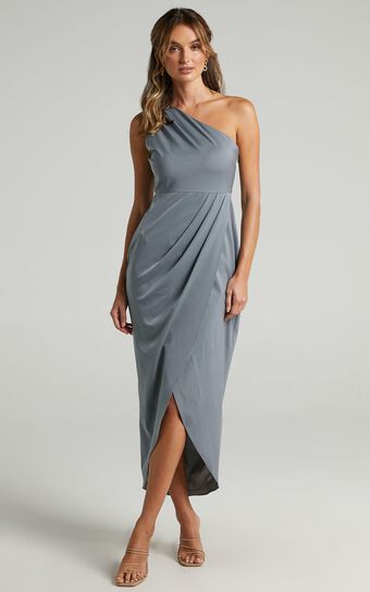 Felt So Happy Midi Dress - One Shoulder Drape Dress in Grey